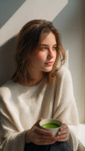 a young woman sitting near a window in natural sun