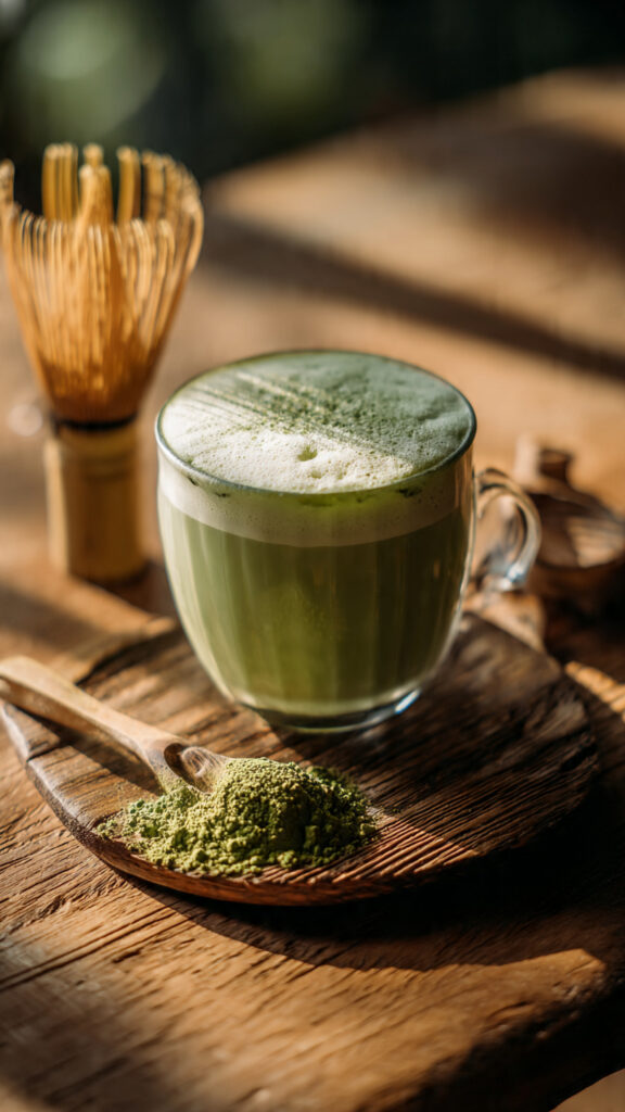 “Creamy matcha latte made with Love Matcha Powder served in a glass cup with natural lighting”