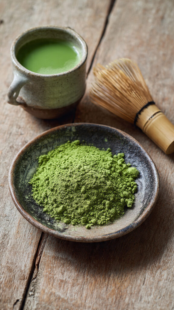 Premium Love Matcha Powder with traditional Japanese tea setup for healthy lifestyle