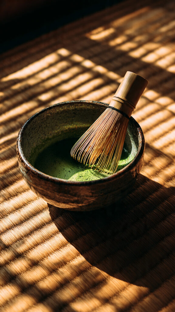 love matcha powder in bowl with bamboo whisk