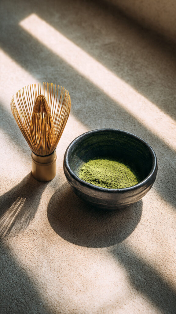 organic Love Matcha Powder green tea with bamboo whisk in bowl