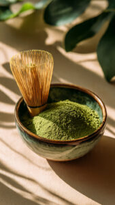 aesthetic scene of premium matcha powder in a cera
