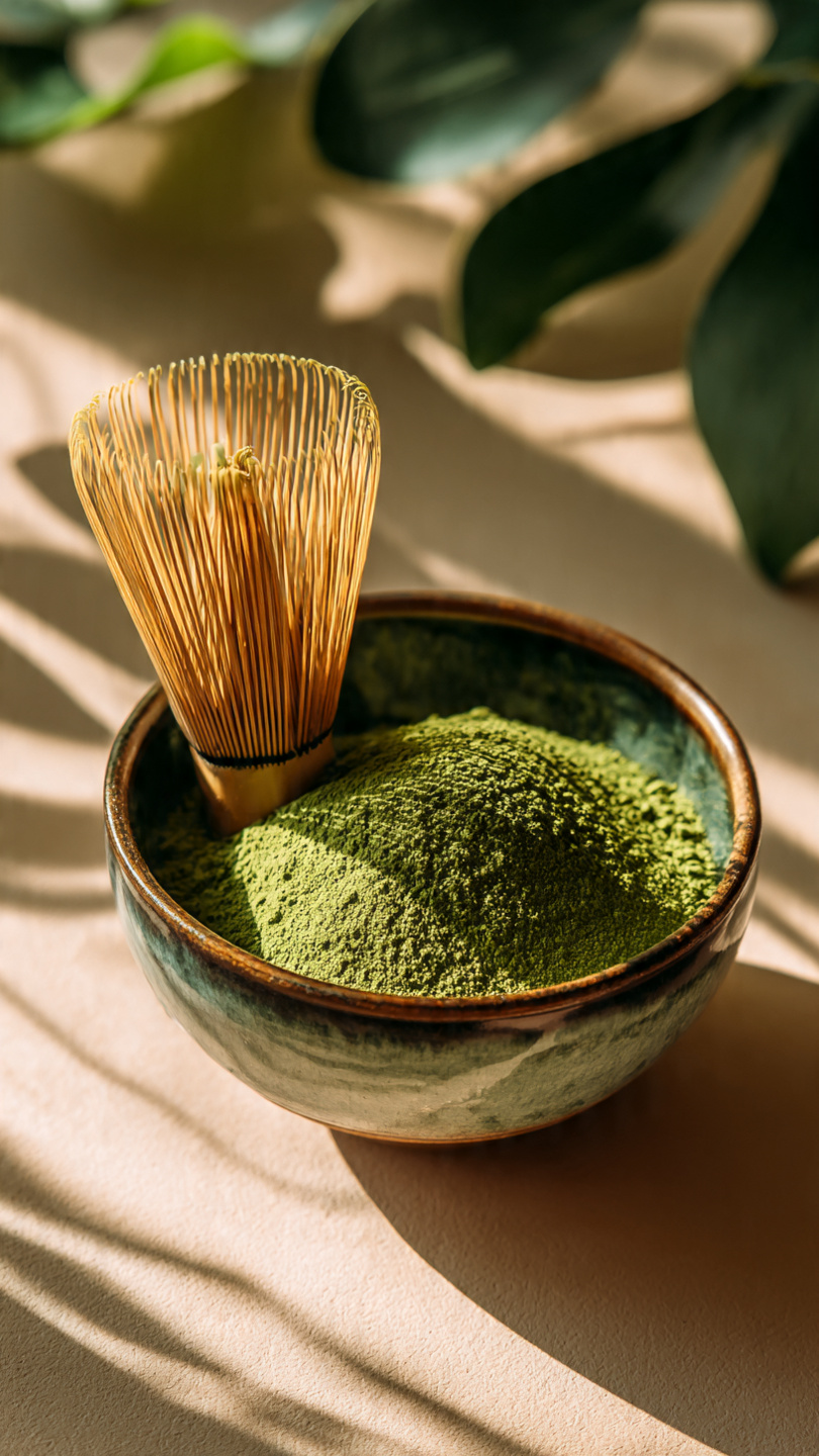 aesthetic scene of premium matcha powder in a cera