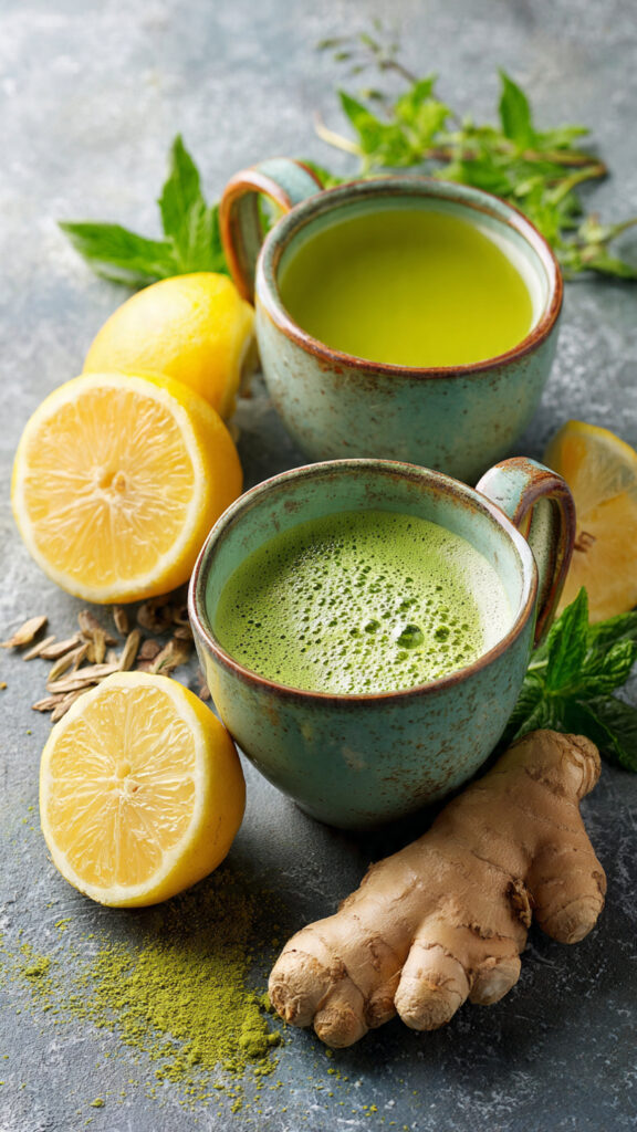 love matcha powder immunity drink with lemon and ginger