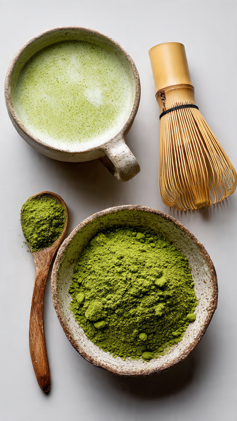 Organic ceremonial matcha powder with bamboo whisk, latte, and smoothie bowl – natural superfood energy booster.